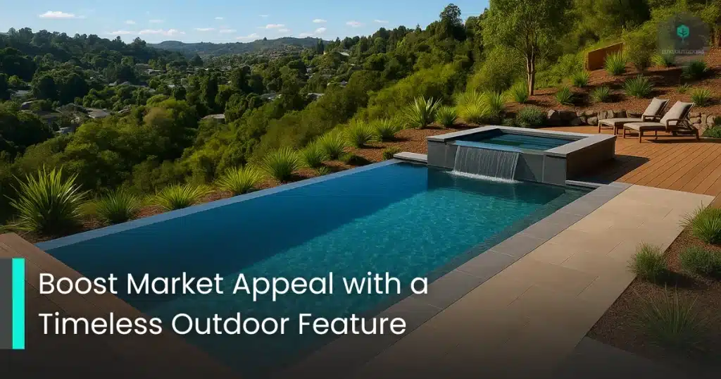 Infinity-edge pool with spa feature surrounded by lush greenery and decking.