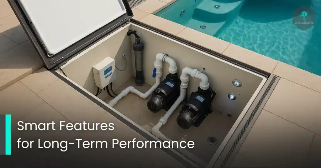 Poolside filtration system showing smart features and pump setup.