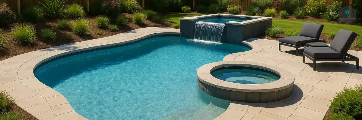Freeform backyard pool with waterfall spa, round hot tub, and sun loungers.