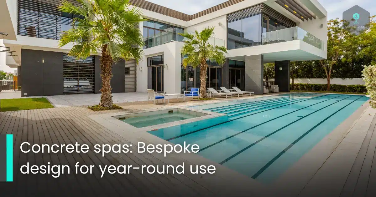 Luxury concrete spa beside a modern home with palm trees and lounge chairs.