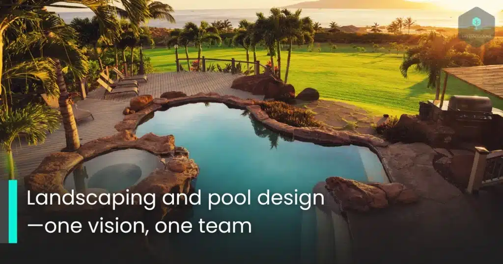 Sunset view of tropical-style landscaped pool surrounded by palm trees and natural stone.