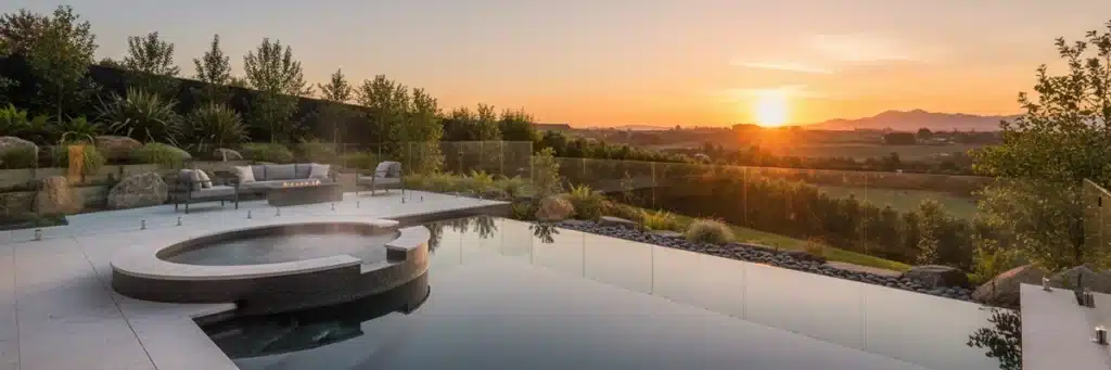 Modern concrete pool with an integrated spa and glass fencing, set in a landscaped backyard at sunset, showing a luxury outdoor living space in New Zealand.