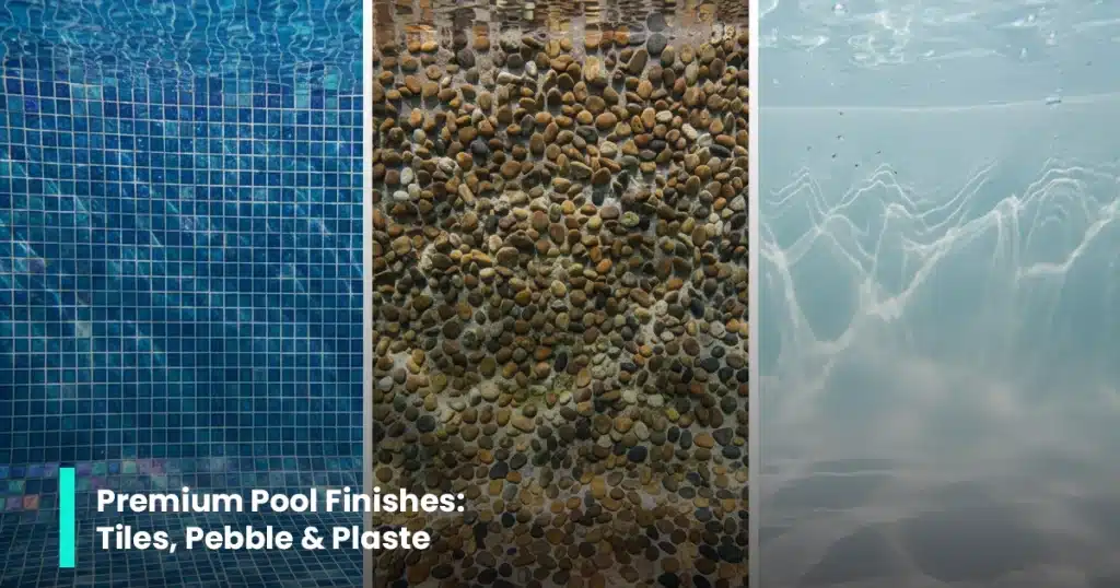 Three-panel comparison of premium concrete pool finishes showing blue mosaic tiles, pebble aggregate texture, and smooth plaster under water, highlighting finish choices for pools and spas.