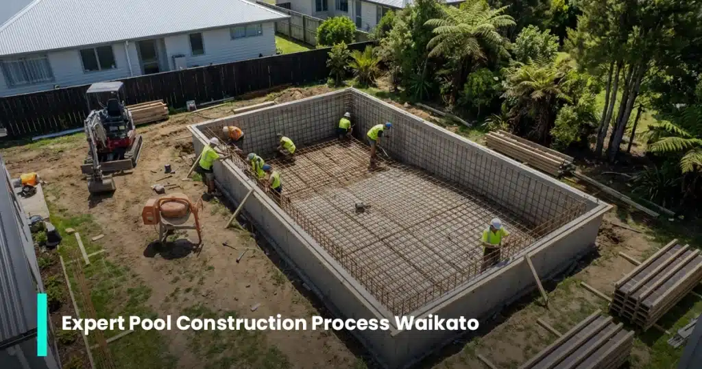 Aerial view of a concrete pool build with workers installing steel reinforcing inside the pool shell during construction at a residential site in Waikato, New Zealand.