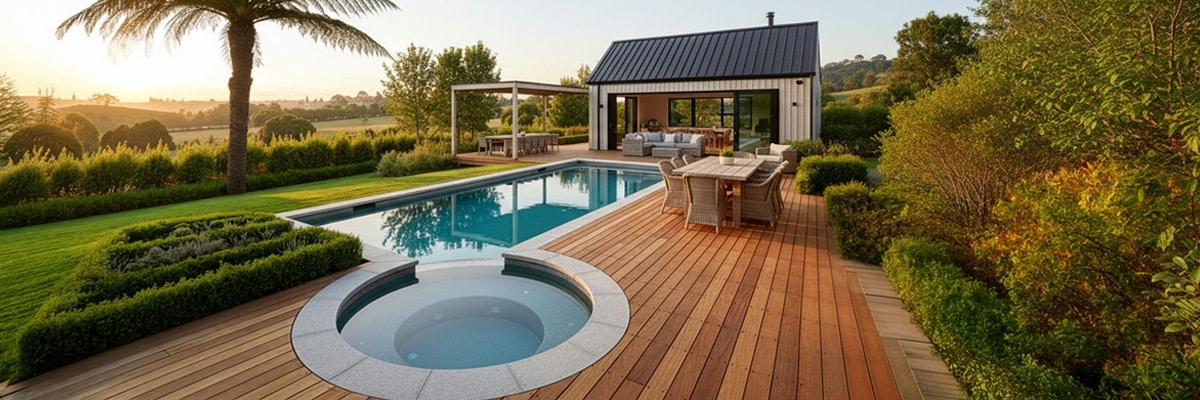 Modern concrete pool and spa in landscaped Auckland backyard with timber deck and rural views