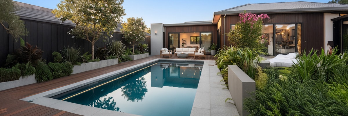 Hamilton custom pool with concrete deck, lush landscaping, and an outdoor lounge area.