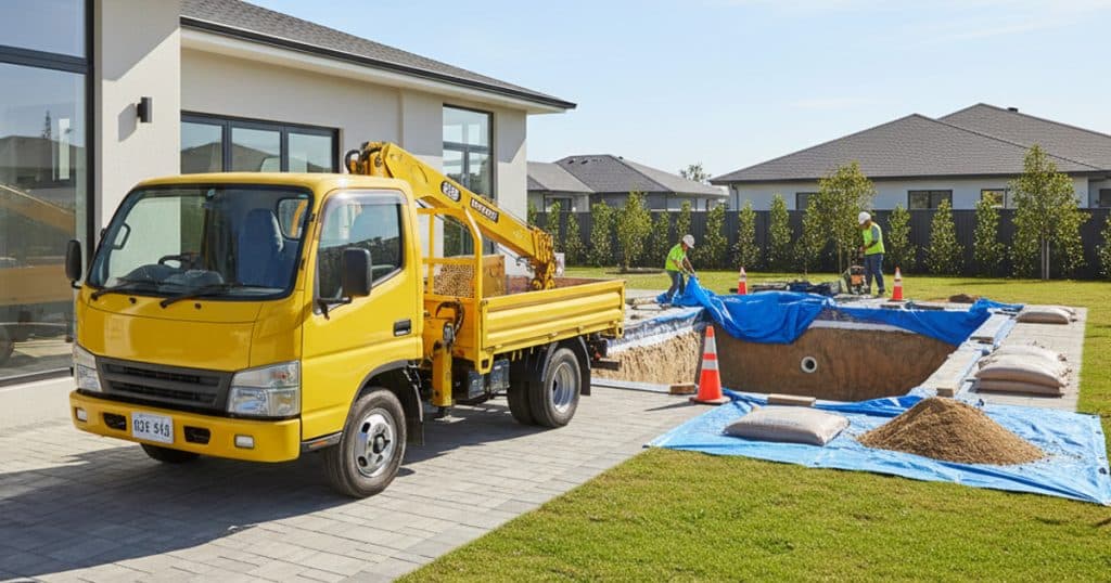 Crane truck and builders preparing excavation for new concrete pool in suburban New Zealand backyard