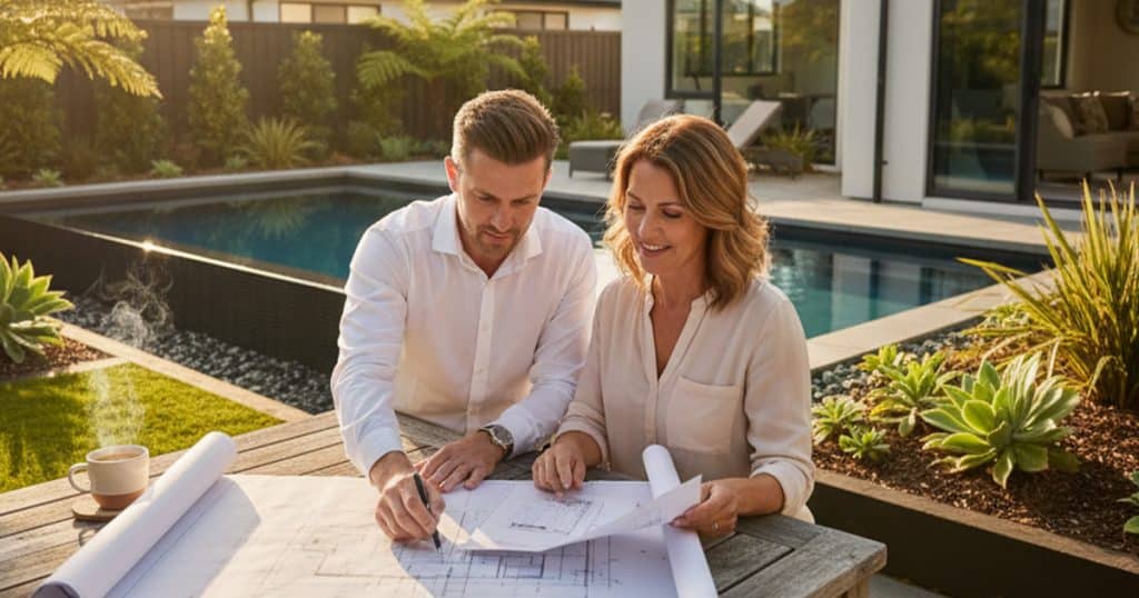 Homeowners reviewing custom pool plans beside finished concrete pool and landscaped outdoor living area