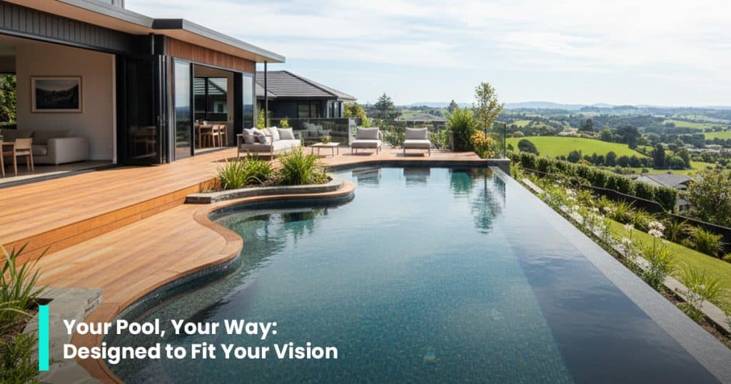Hamilton custom pool with infinity edge, timber deck, and countryside views.