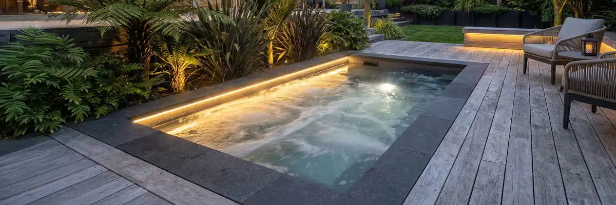 Lit outdoor spa set into timber decking, with bubbling water, garden planting, and seating at dusk.