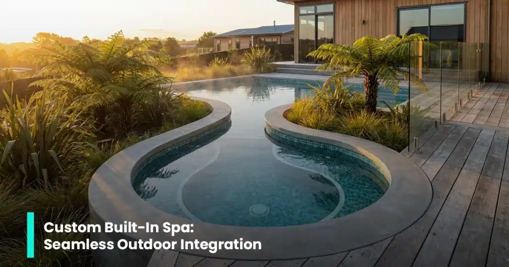 Custom-built-in concrete spa seamlessly integrated into a landscaped backyard, showing premium spa pools in Auckland designed for modern outdoor living.