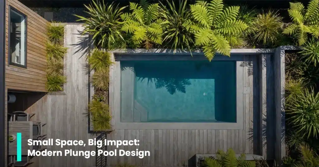 Top-down view of a modern backyard plunge pool with timber decking and lush planting in a compact space.